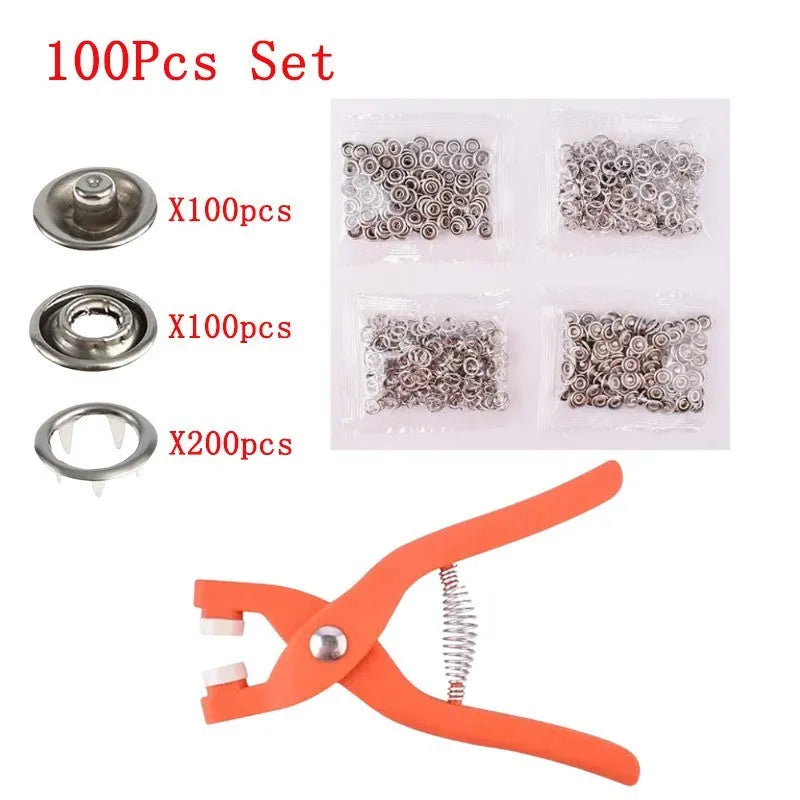 Stainless steel five-claw clasp no-sew button for children's clothing with pliers, 9.5mm size.