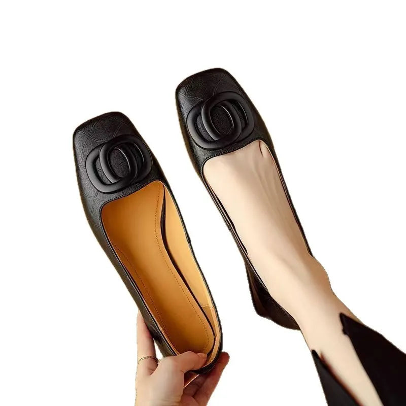 Women's chunky heel square toe pumps in light brown with buckle detail and rubber sole