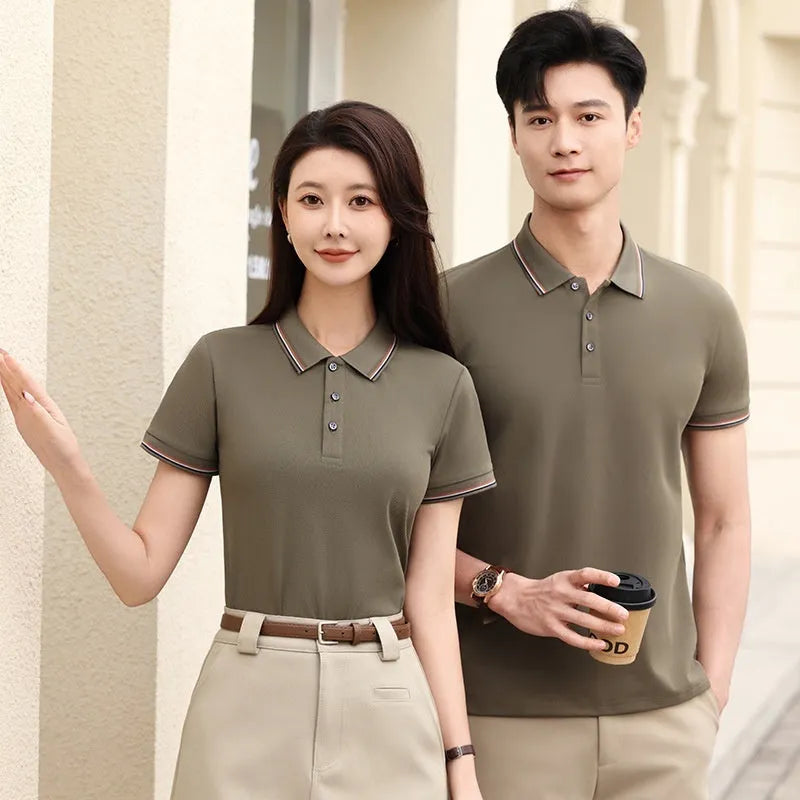Ice silk polo shirt in solid colour on hanger, showing button placket and collar.