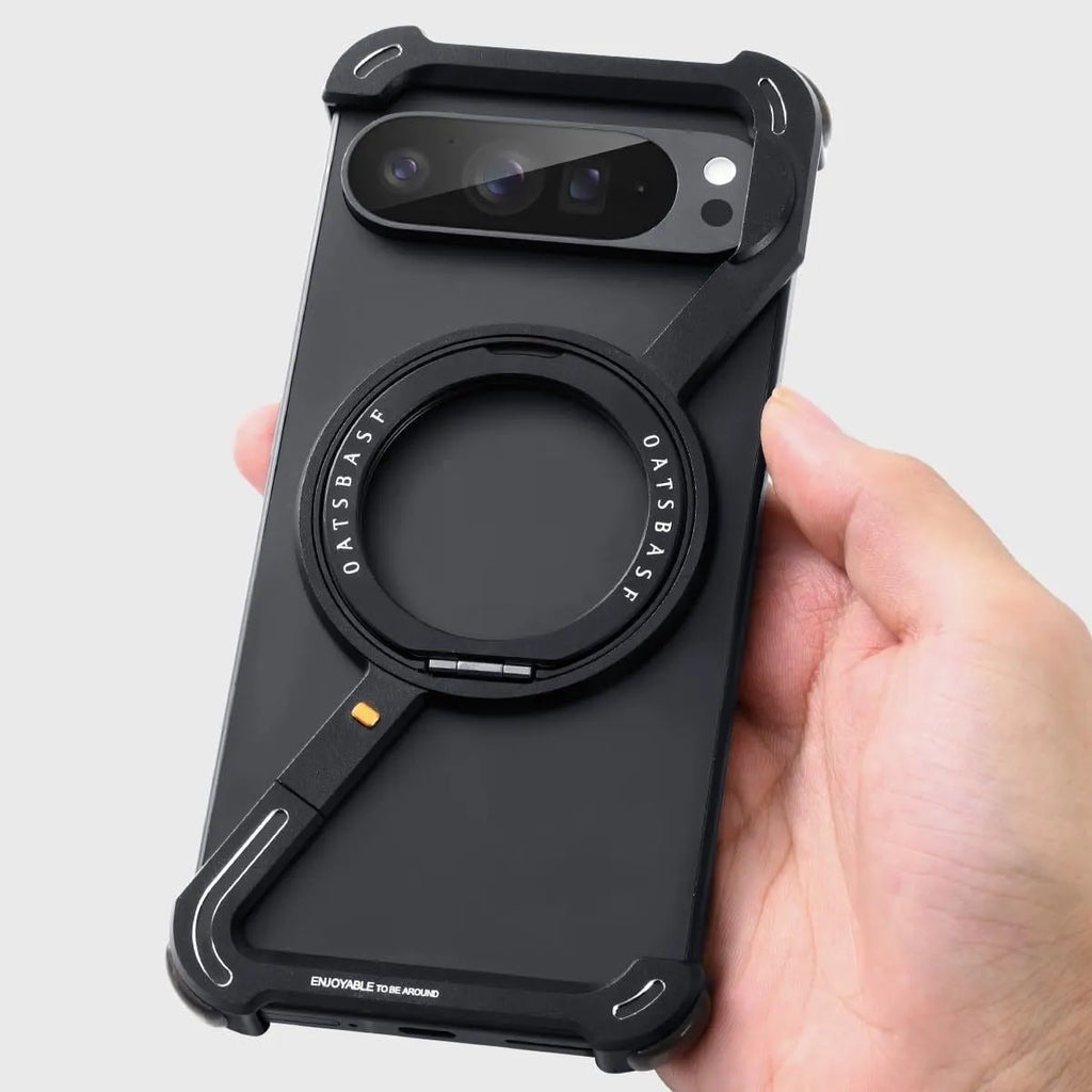Black metal hollow phone case with rotating bracket and magnetic suction for Pixel 9, 9 Pro and 9 Pro XL