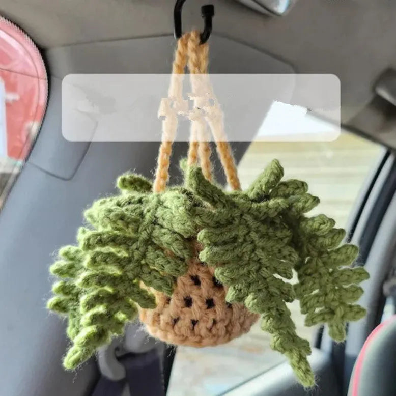 Green and white crocheted wool car plant decoration with a white hanging rope.