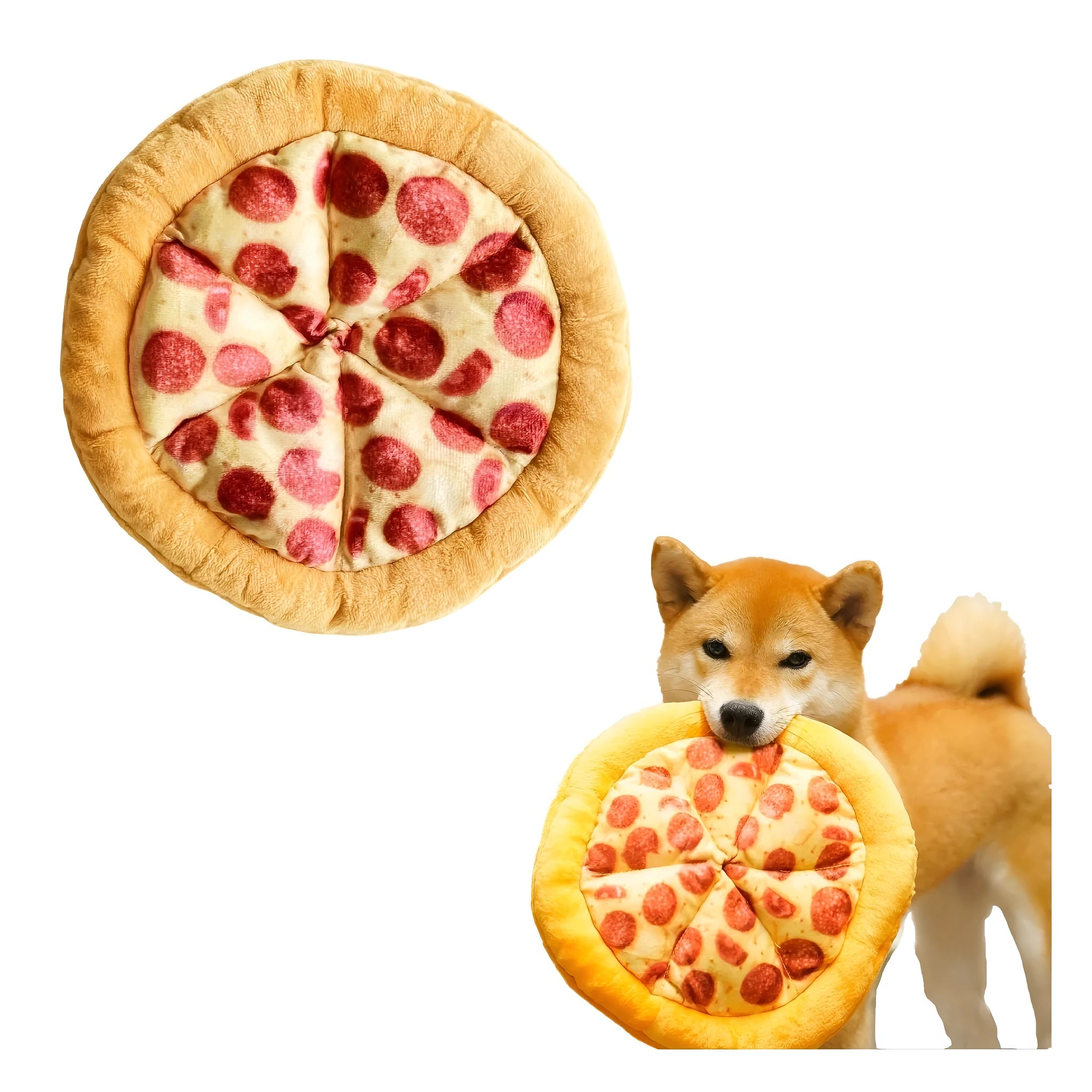 Yellow pizza slice shaped dog chewing toy with squeaky feature for small to medium dogs