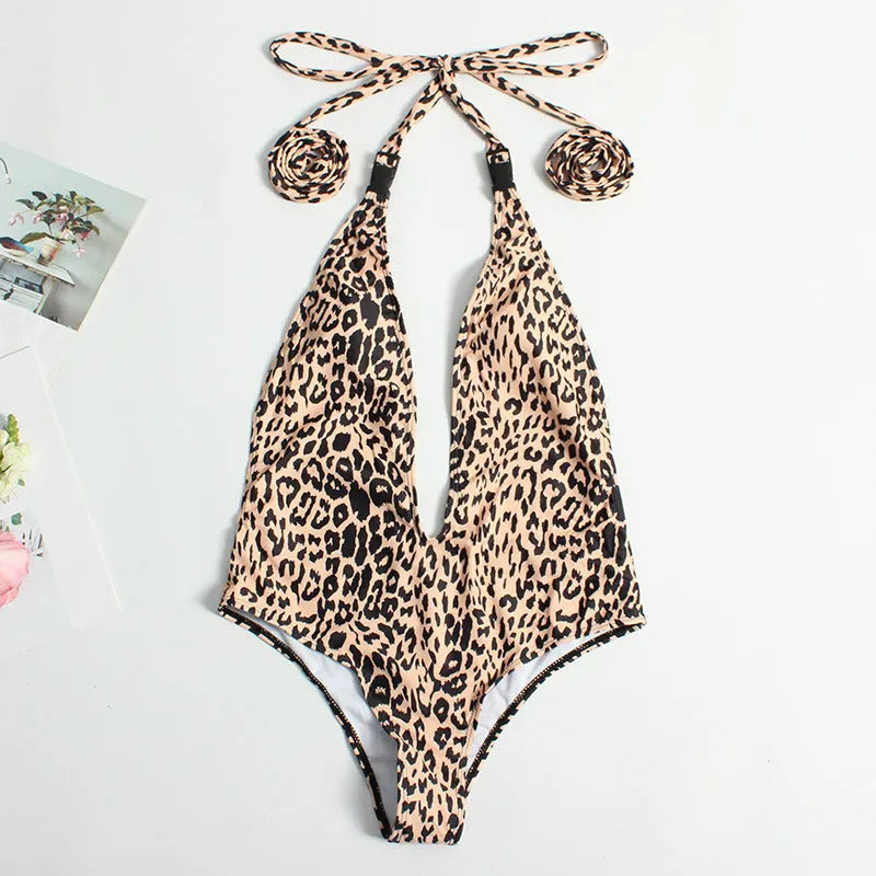 Women's leopard print bandage backless one-piece swimsuit in polyamide elastane fabric