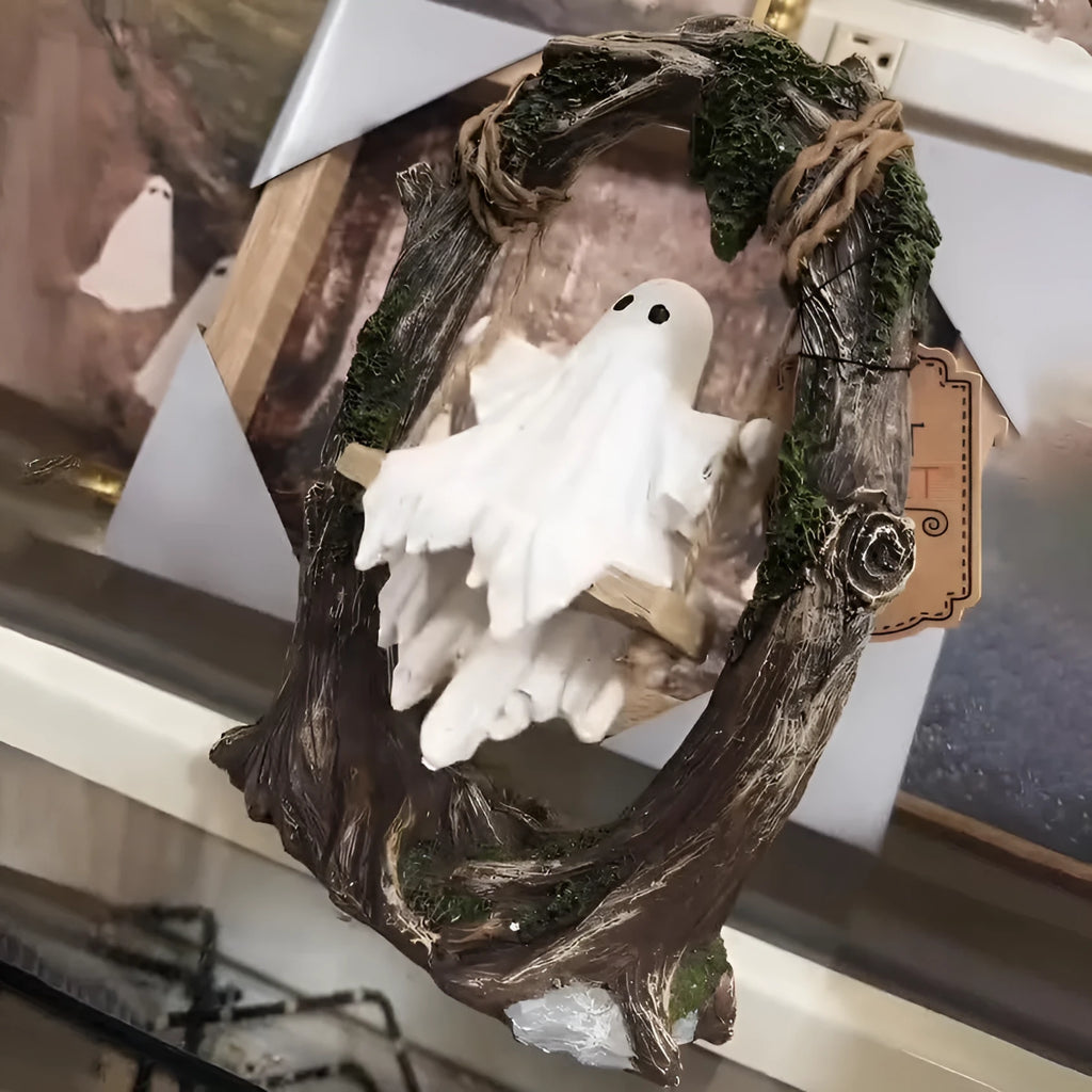 Halloween swing ghost decoration in resin showing two style options with modern art design