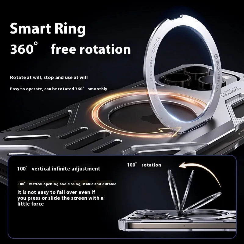 M10 aluminum alloy phone case with 360° rotating bracket in deep space gray for iPhone 16 Pro Max