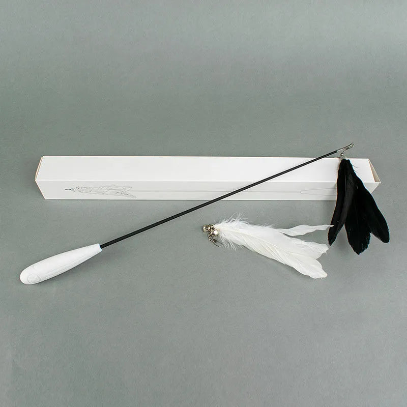 Telescopic cat fishing rod toy extended with goose feather teasers and self-hi bell