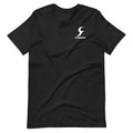 Black straight cut loose fit cotton t-shirt with short sleeves and a round neck on a hanger.