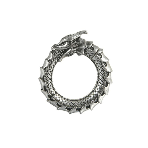 A pair of large, geometric dragon-shaped alloy earrings with an antique silver finish and hollow-out details.
