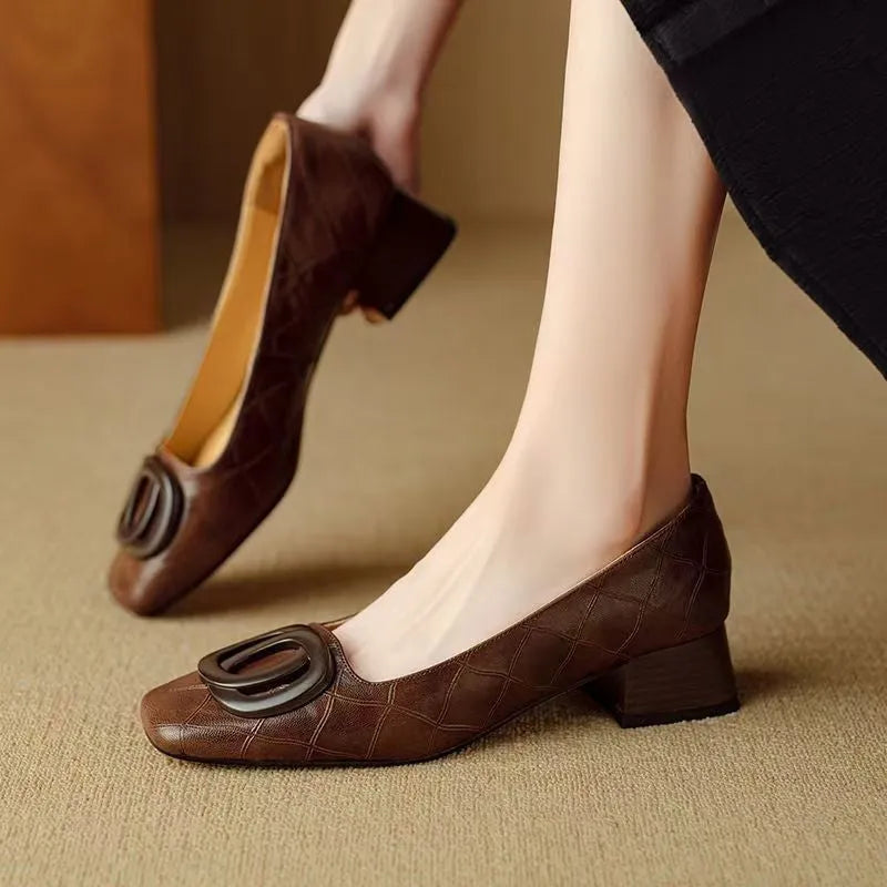 Women's chunky heel square toe pumps in light brown with buckle detail and rubber sole