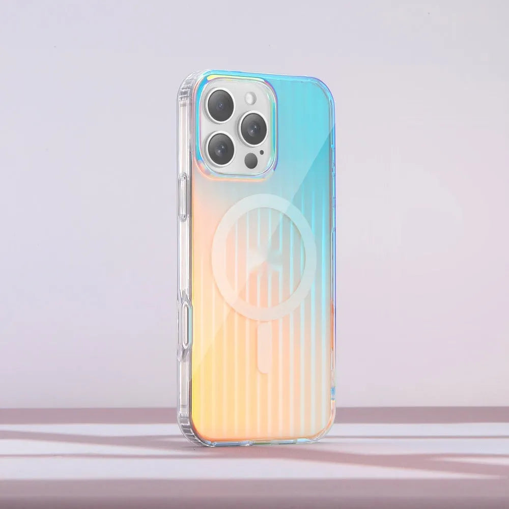 Glossy transparent magnetic case for iPhone on a table, showing chameleon colour-shift effect.