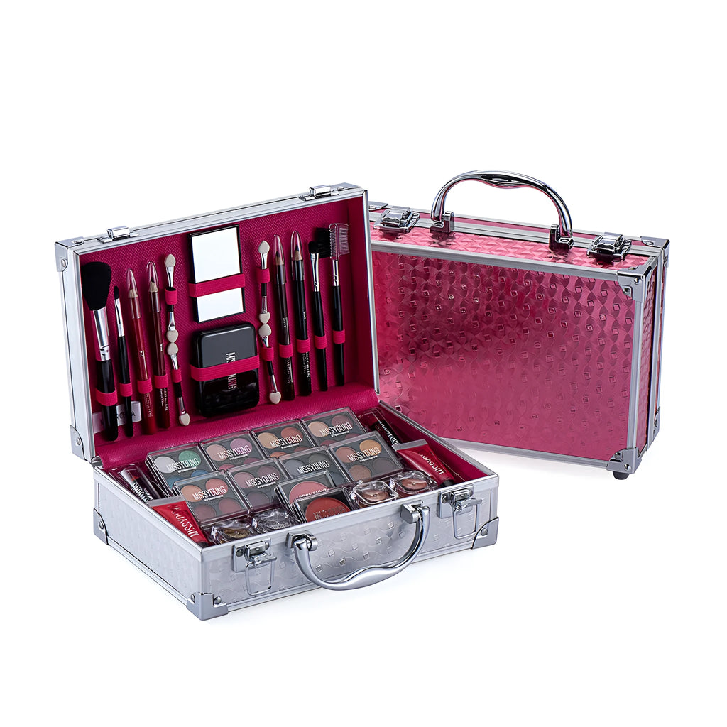 Creative colourful cosmetics set in Pink or Silver, 25 x 16 x 8.5 cm, with lipstick, eye shadow, mascara and brush