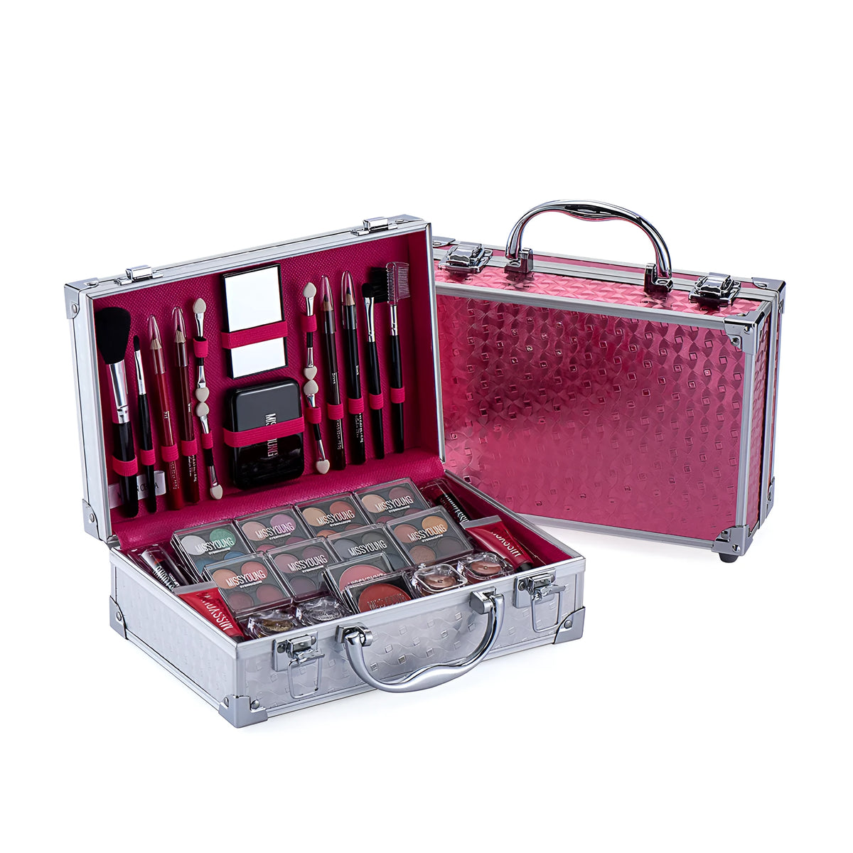 Creative colourful cosmetics set in Pink or Silver, 25 x 16 x 8.5 cm, with lipstick, eye shadow, mascara and brush