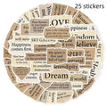 Set of 25 reusable PVC decorative stickers with torn English text design, each between 4 and 7 cm.