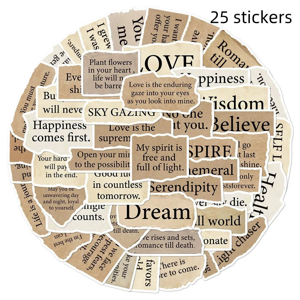 Set of 25 reusable PVC decorative stickers with torn English text design, each between 4 and 7 cm.