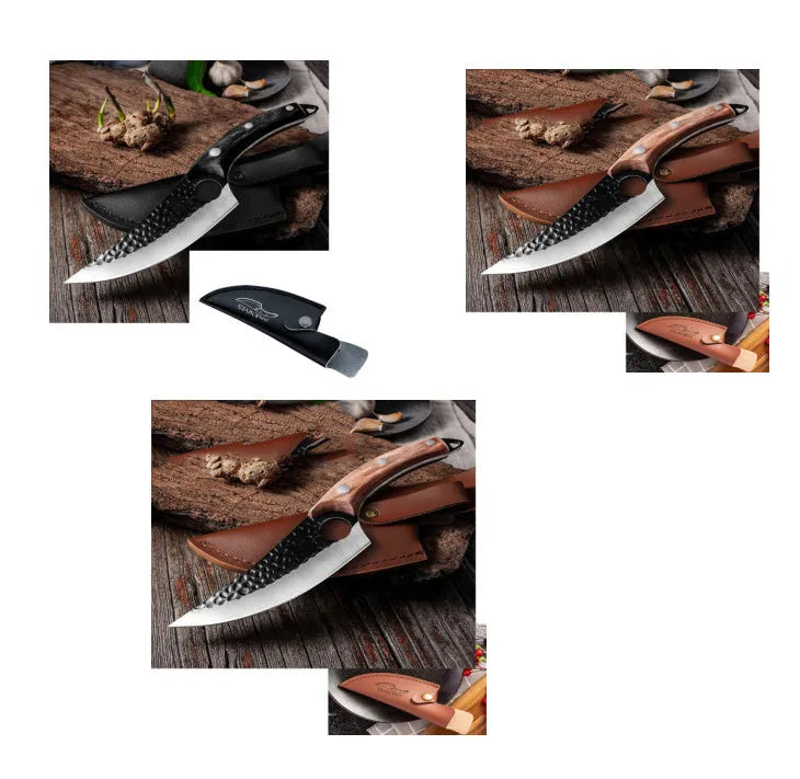 Butcher knife set with small curved scimitar and boning knife in leather sheath