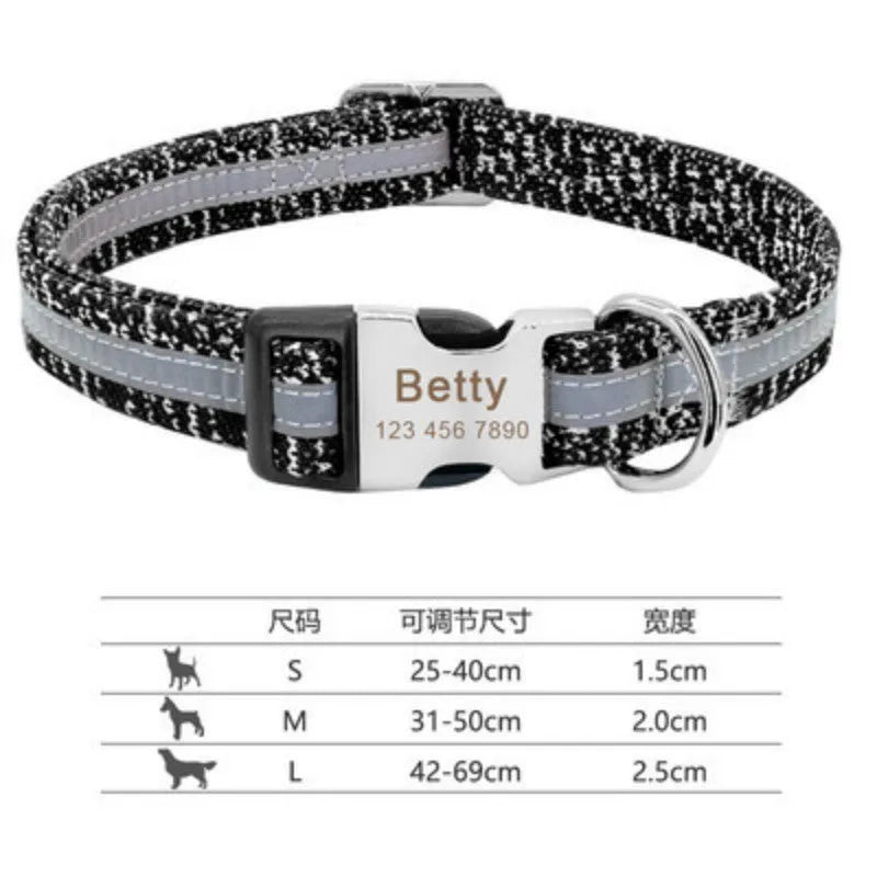 Adjustable nylon dog collar shown in black, green, and rose red colours for small, medium, or large dogs.