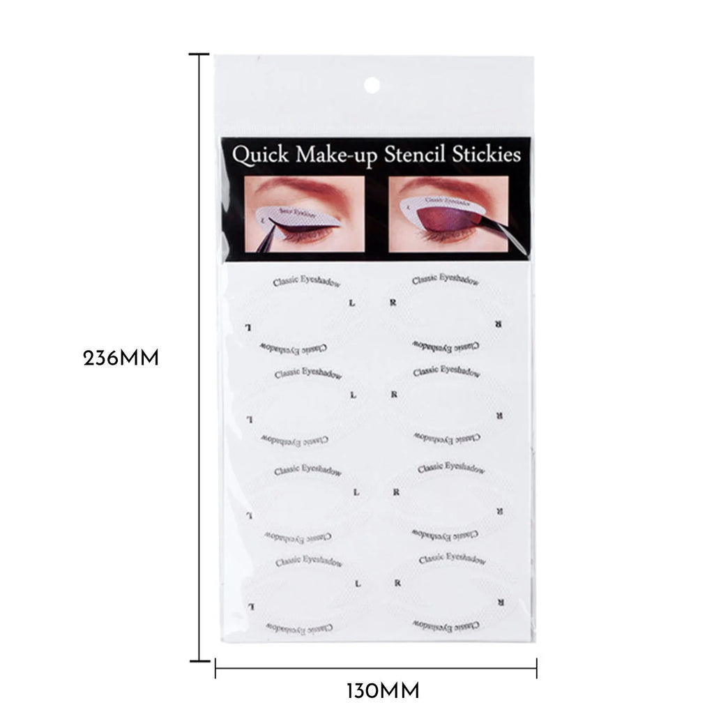 Four reusable silicone eyeliner stencil templates on a pink background, showing winged and graphic design cut-outs.