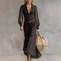 Black long sleeve see-through mesh dress with blouse collar button front high-waist asymmetric skirt street fashion