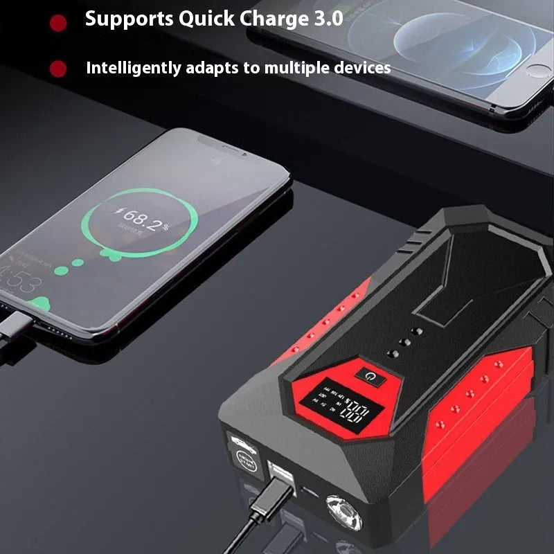 Red 12V car emergency jump starter power bank with battery clamps and charging cable