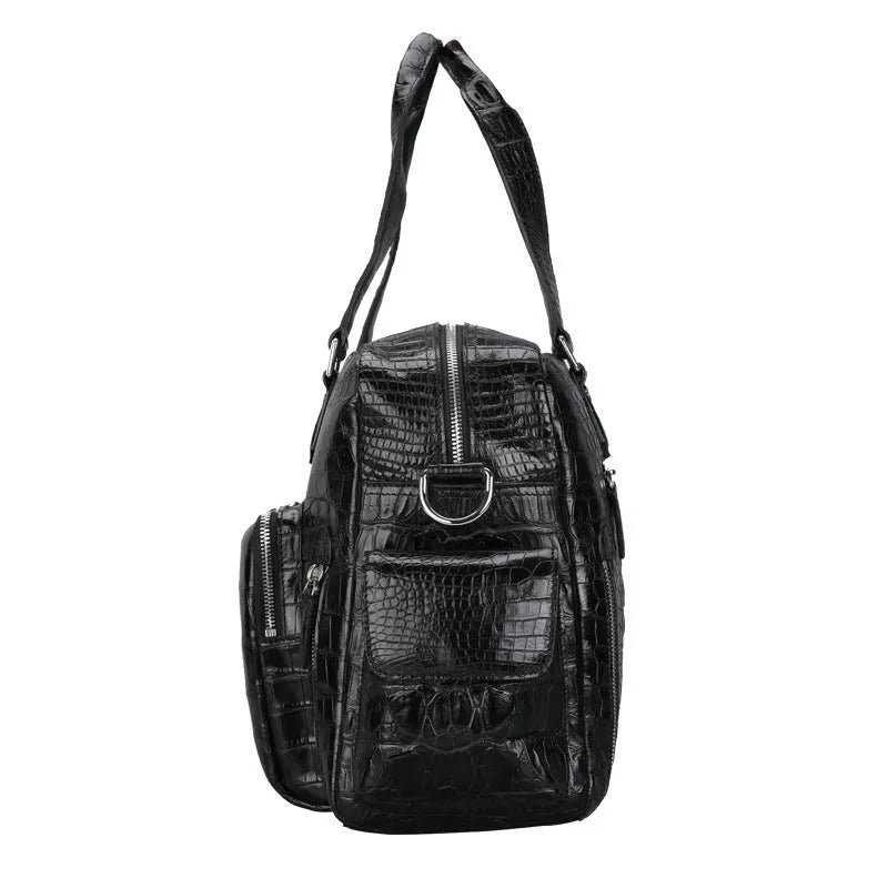 Genuine crocodile leather men's travel handbag, 44x28x18cm, black or brown, with cowhide lining and shoulder straps