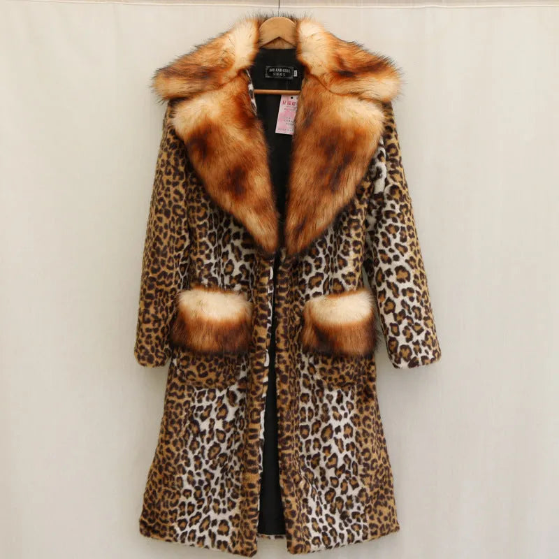 Long leopard print artificial fur jacket for women on a model.