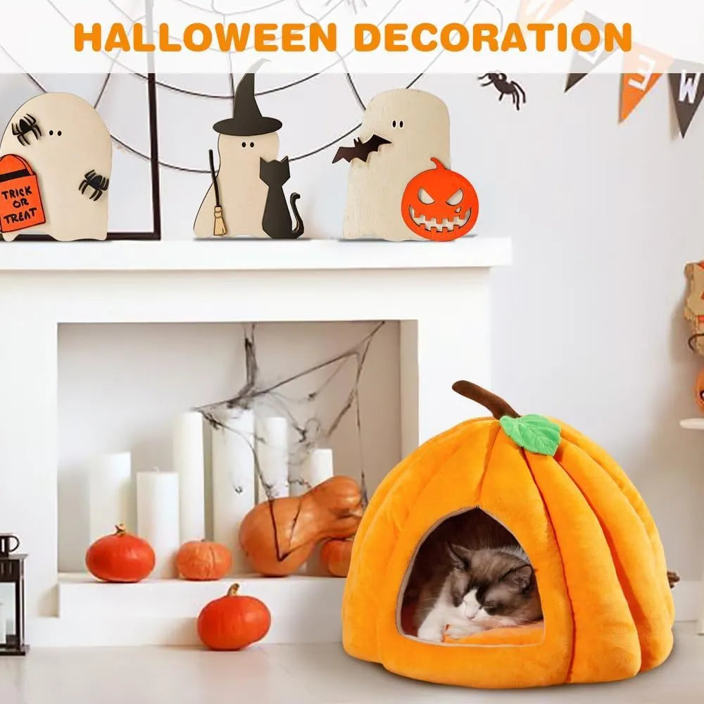 Pumpkin-shaped plush cat cave bed in blue colour with a semi-enclosed entrance.
