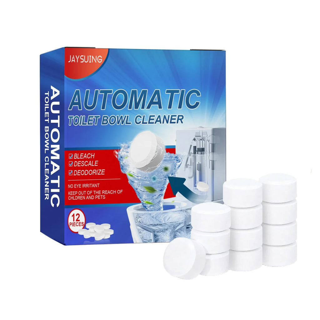 Pack of 12 toilet cleaning effervescent tablets with product size 1.6cm each in 10cm packaging