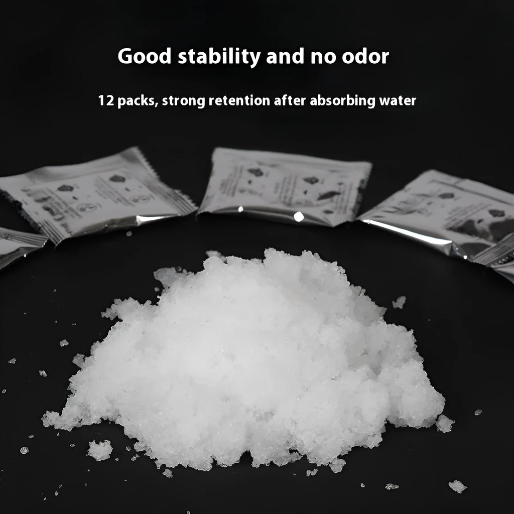 Emergency urine coagulant kit with curing agent packs and a roll of black disposable bags.