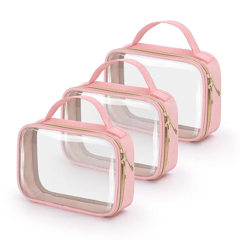 Clear PVC lipstick storage wash bag with detachable chain, shown in multiple colour options.