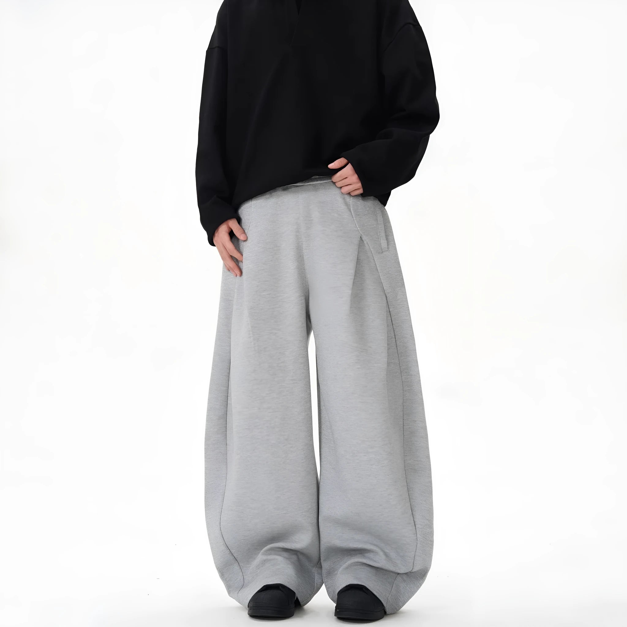 Women's polyester wide-leg trousers in black, loose fit straight leg design, mid rise waist