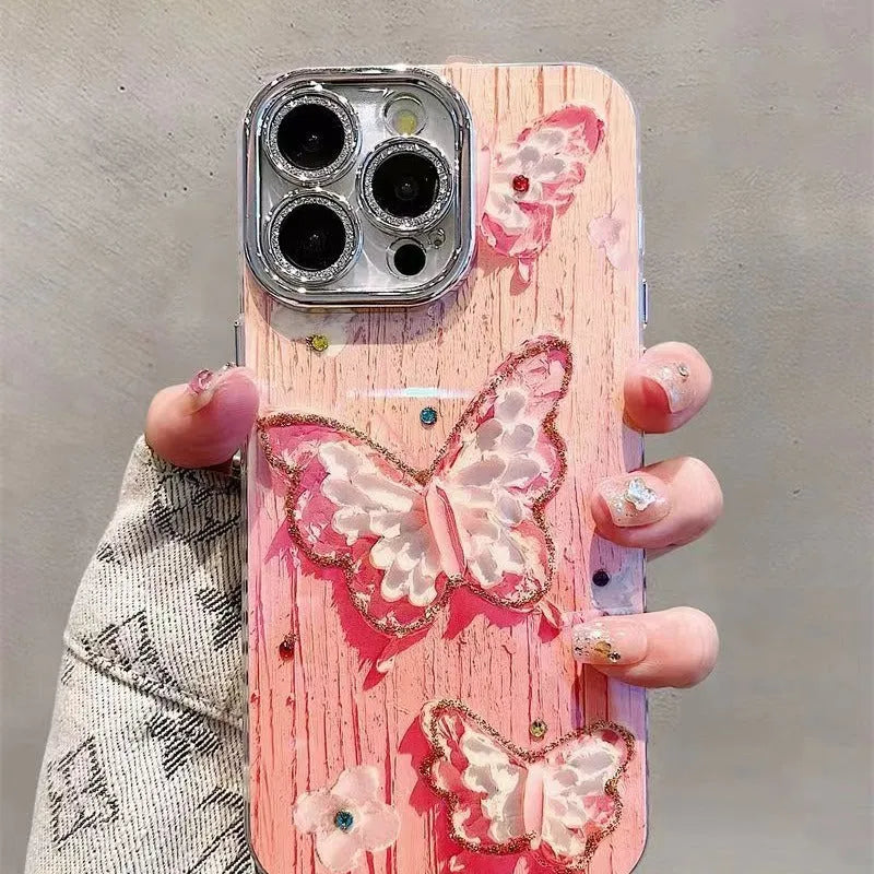 Colourful butterfly oil painting print plastic phone case for Apple iPhone, pink and blue options, full coverage fall protection