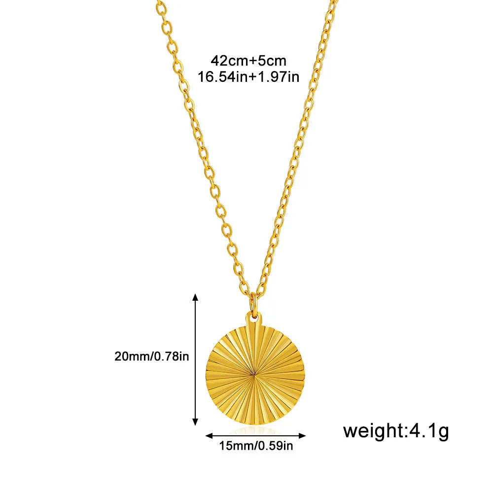 18K real gold plated stainless steel pleated small round pendant necklace on white background