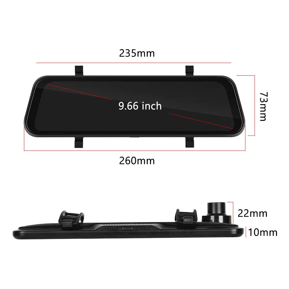 9.66-inch car dash cam and smart mirror with touch screen, CarPlay Android Auto support, and recording function
