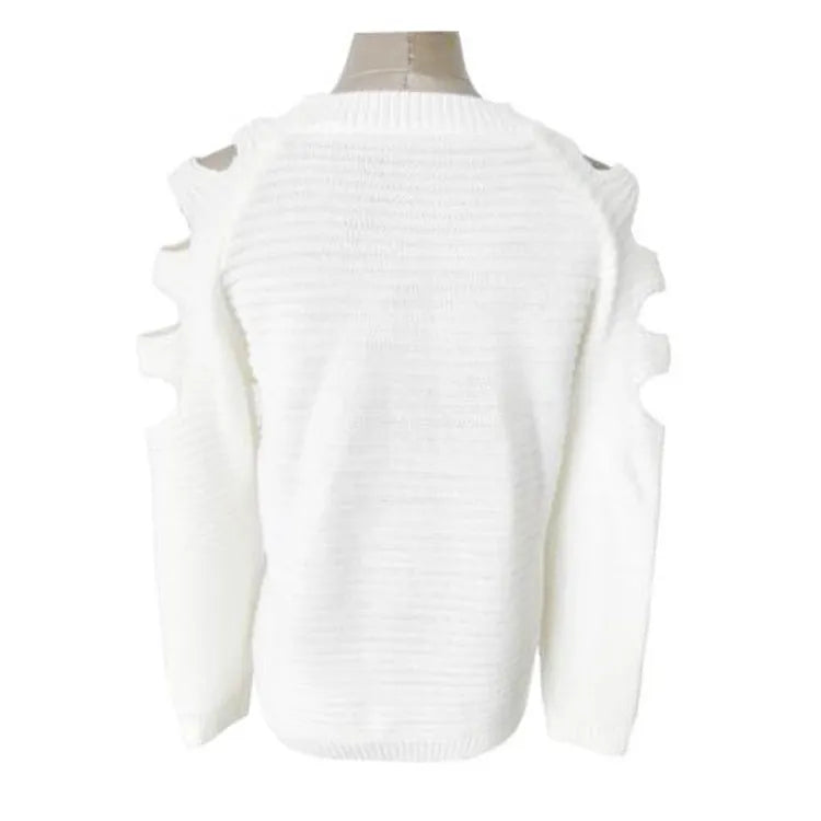 Women's grey crocheted shirt with hollow-out pattern and round neck.