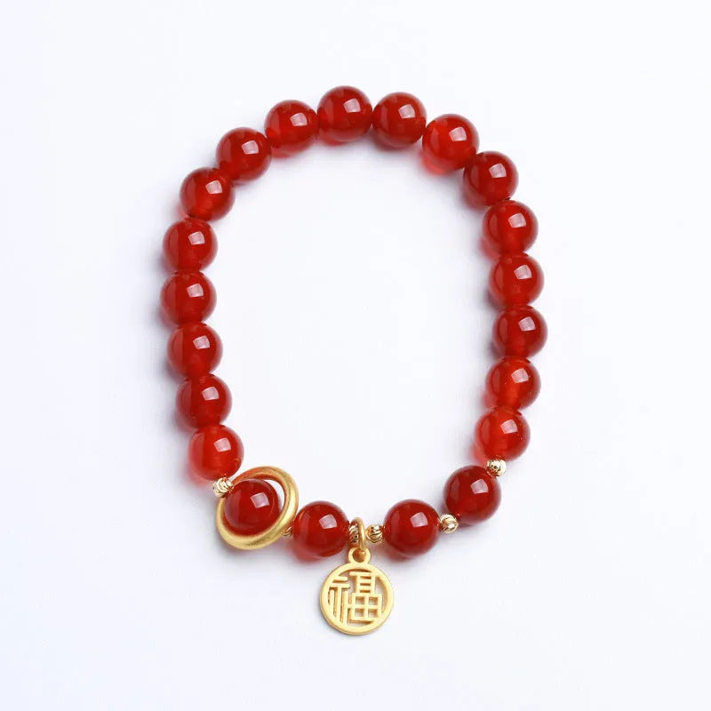 Natural red agate bracelet with woven beads and blessing card in national style