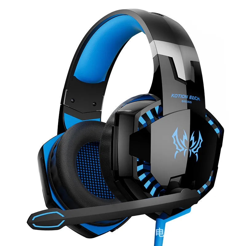 Wired computer headset with protein skin ear cushions and microphone on a desk
