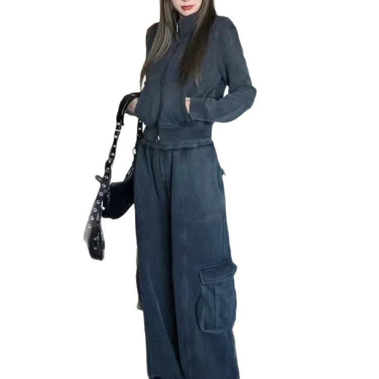 Women's loose American retro sportswear suit in dark gray with spliced detailing, polyester fabric, set includes top and trousers