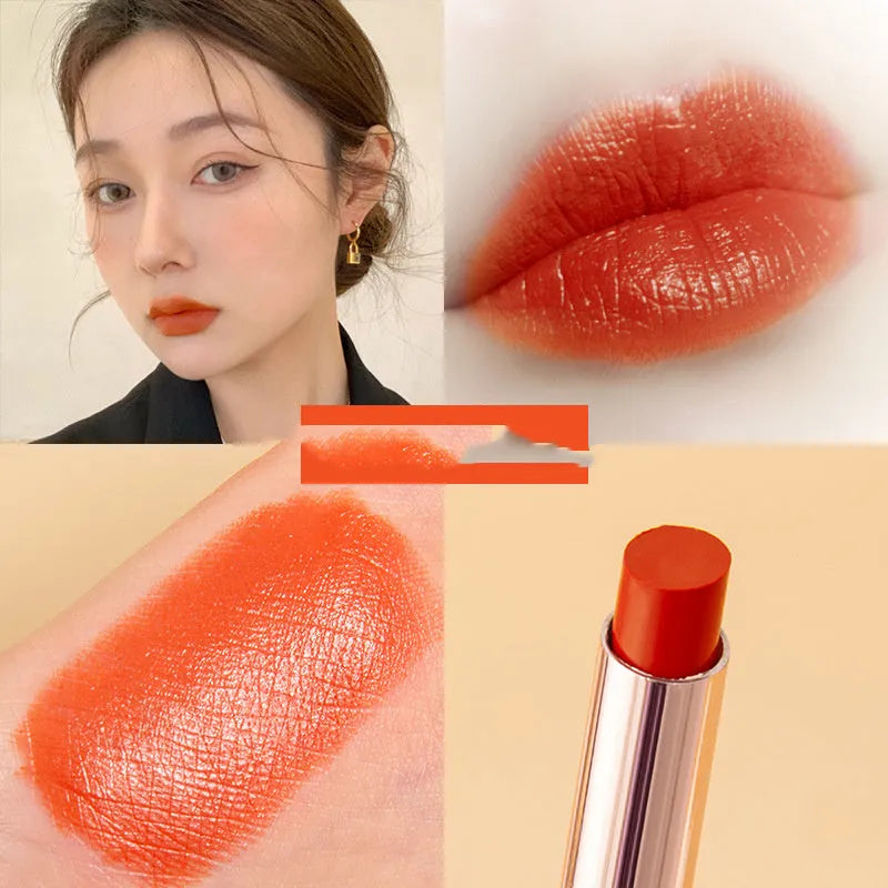 Golden thin tube semi-matte velvet lipstick in six shades, moisturising formula with glycerin and mineral oil.