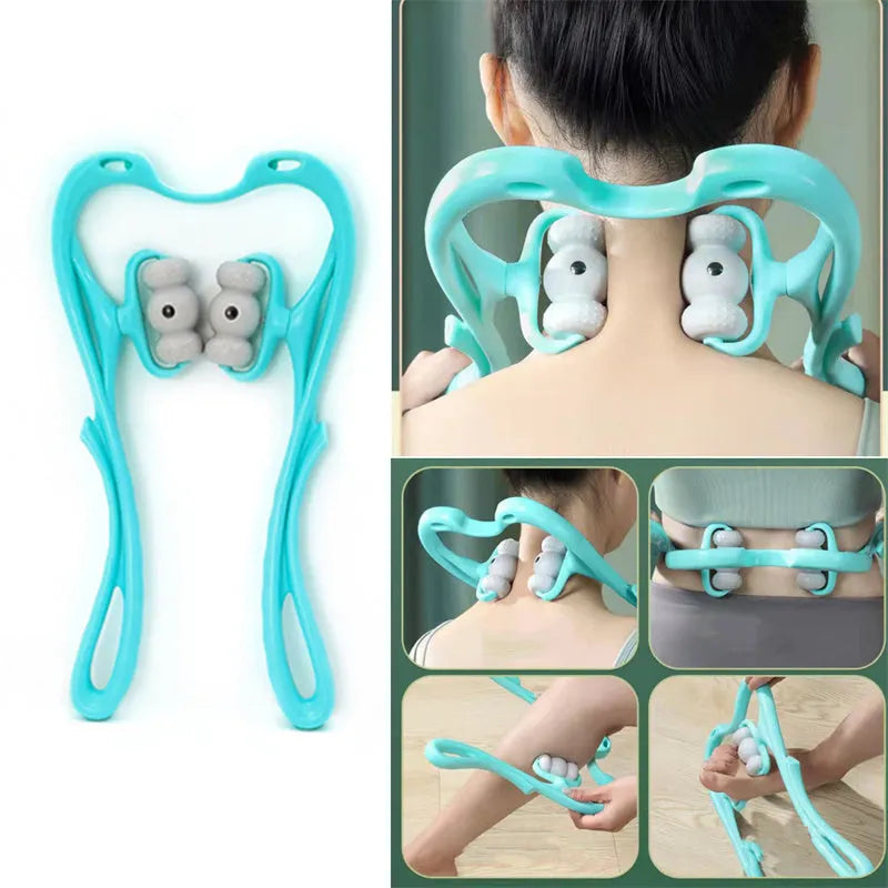 Blue handheld neck massager roller with pressure points on a grey background