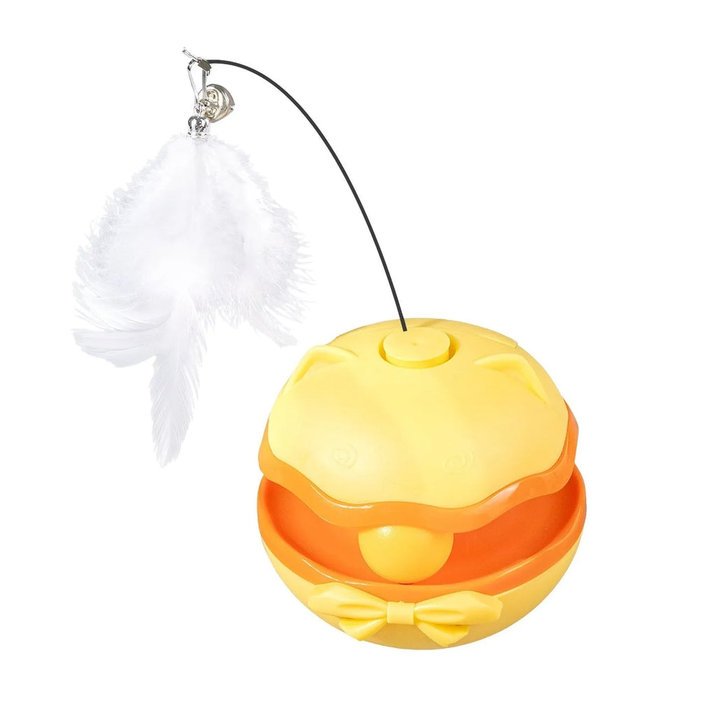 Electric cat toy tumbler ball in soft fog grey colour, showing smooth plastic surface and on/off switch on base.