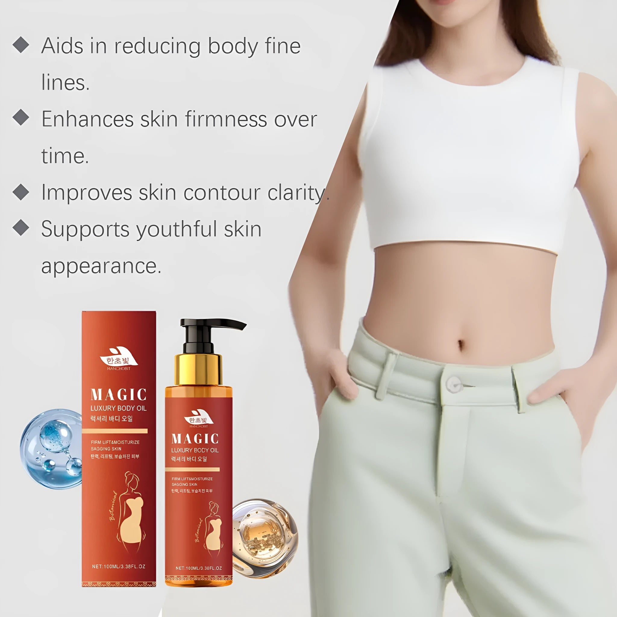 100ml bottle of body firming moisturizer with vitamin E and rose extract on a white background