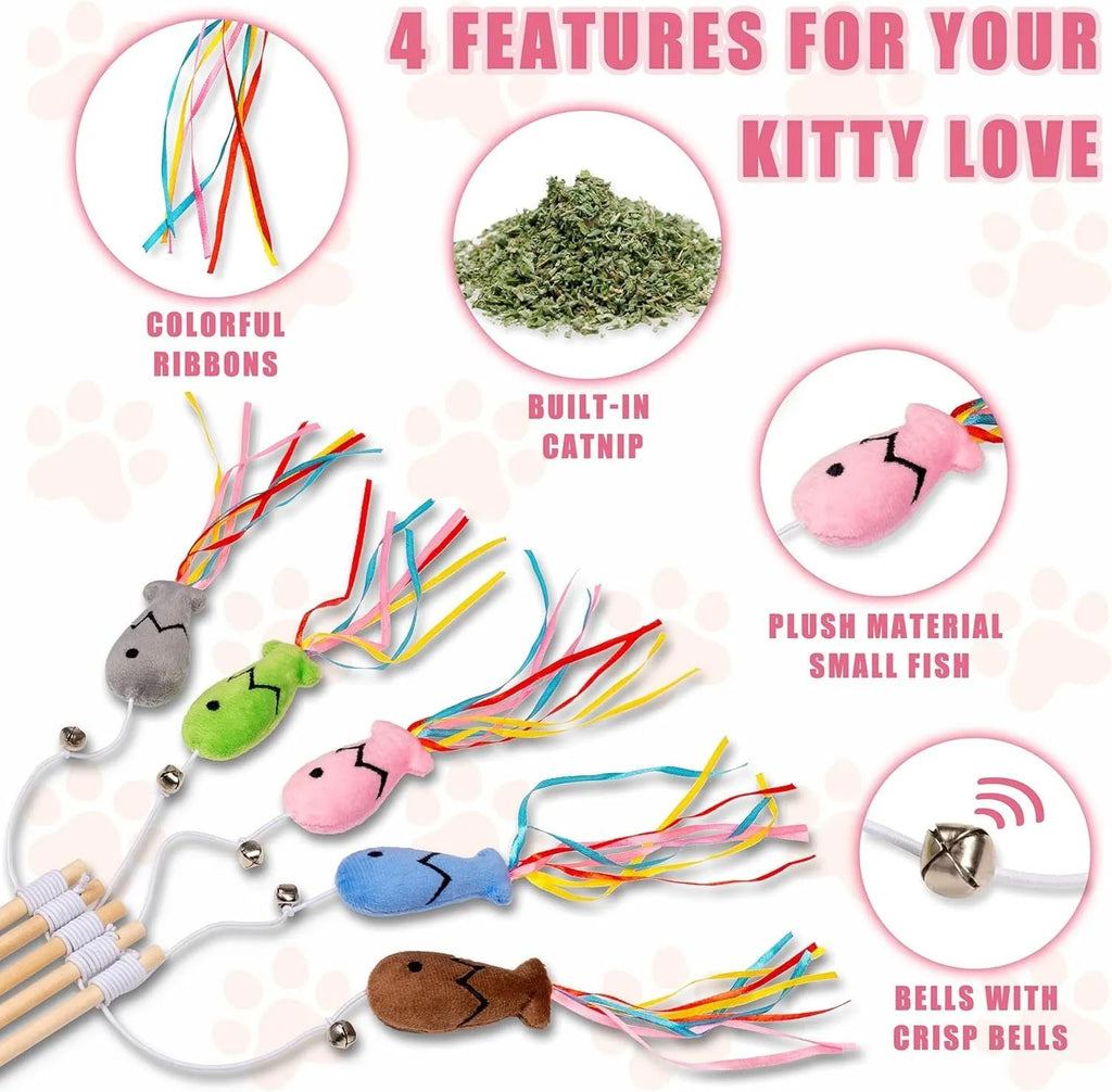 Cat wand toy with catnip fish, colourful ribbons and bell on natural wooden handle