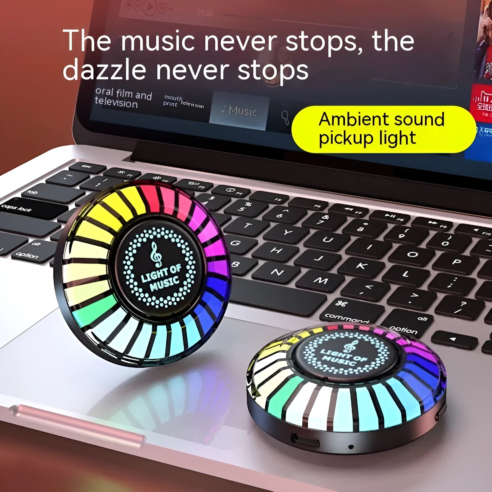 Black desktop magnetic RGB ambience light with USB cable and compact dimensions