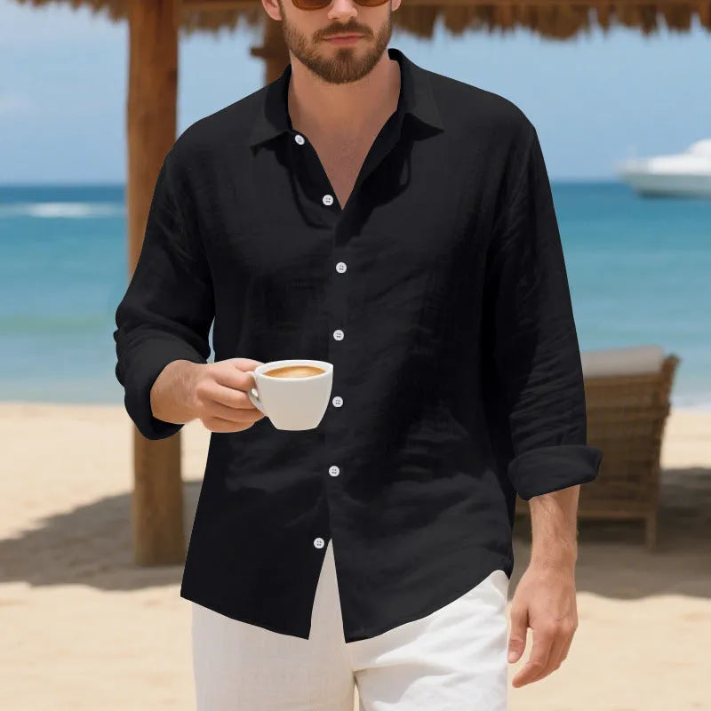Man wearing a loose-fit light blue linen casual shirt with a non-iron finish, buttoned front, and classic collar.
