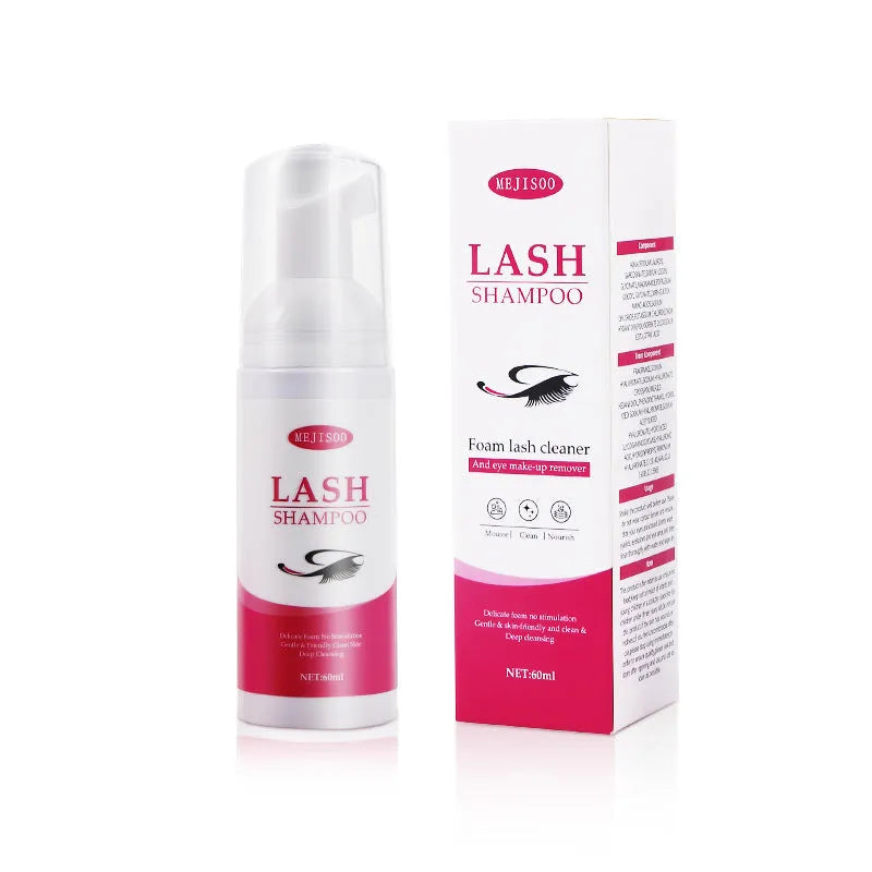 60ml bottle of LASH SHAMPOO Mousse eyelash cleaning solution on a white background.