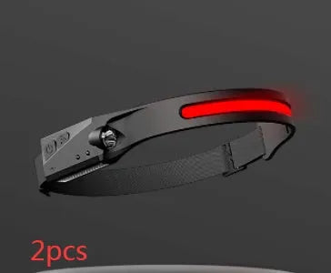 Black USB rechargeable headlamp with a wide COB LED lens and a side wave sensor on the headband.