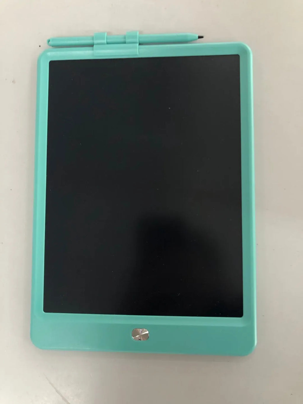 10 Inch Children's LCD Writing tablet with colourful screen, blue bezel, and stylus on white background