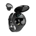 Black smart bracelet with detachable TWS Bluetooth earphones showing colour screen display