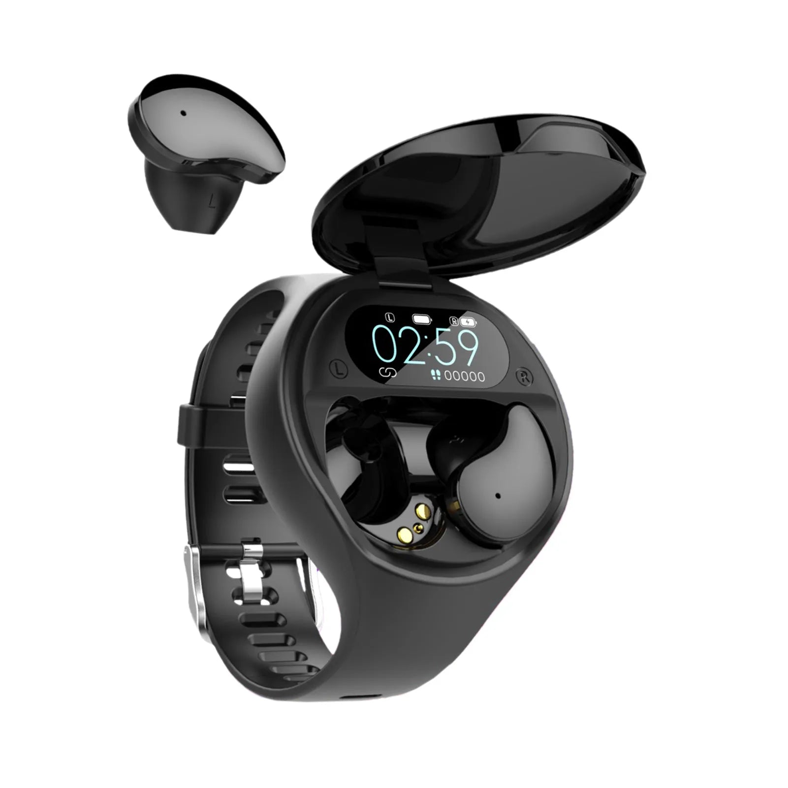 Black smart bracelet with detachable TWS Bluetooth earphones showing colour screen display