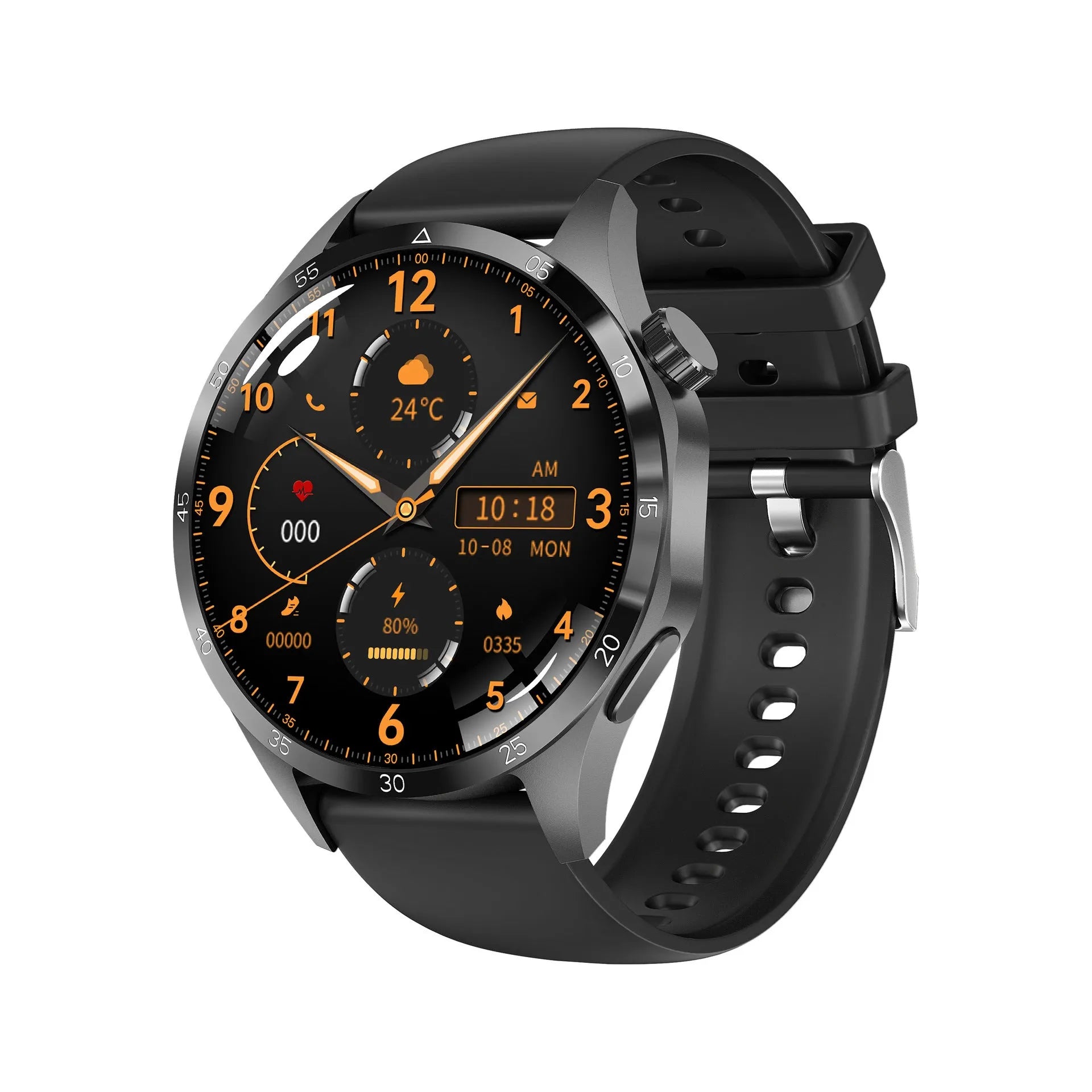 Black Bluetooth smartwatch with touch screen showing health stats, on silicone or Milan net strap.